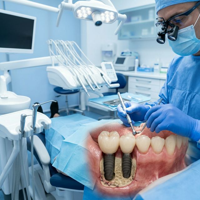 Dental implant model showing titanium post and crown